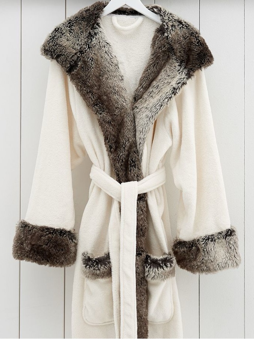 Pottery Barn Cream Trench Coat with Brown Faux-Fur Trim